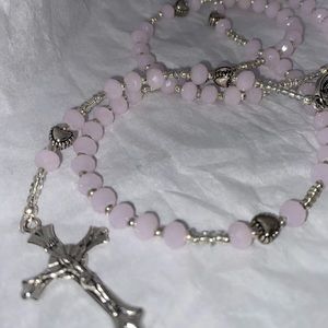 Handmade Powder pink crystal rosary with hearts